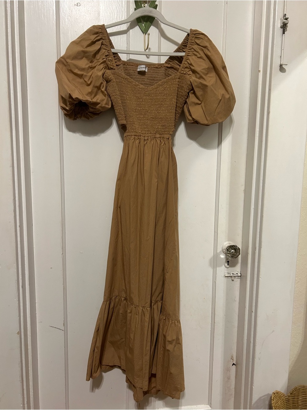 Faithfull the Brand Puff-Sleeve Smocked Maxi Dress in Camel Brown